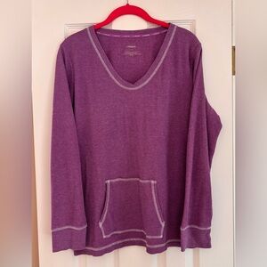 Casual V-Neck Ribbed Purple Sweatshirt with Front Pocket